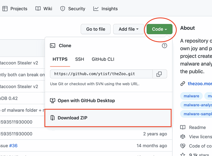 Страница репозитория theZoo на GitHub с кнопкой Скачать ZIP