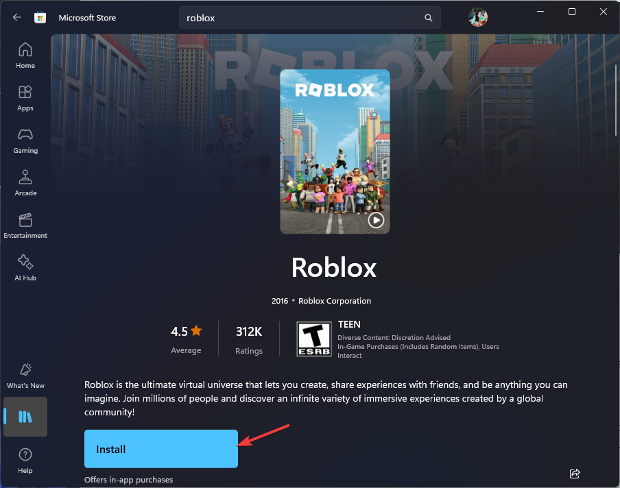 Установка Roblox из Microsoft Store