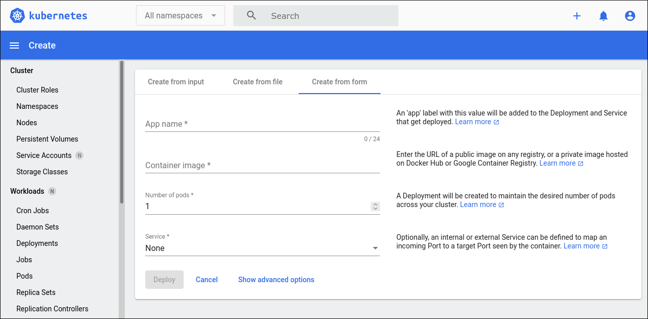 Форма создания ресурса в Kubernetes Dashboard