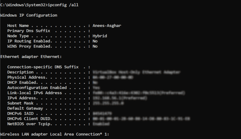 Вывод ipconfig /all в CMD