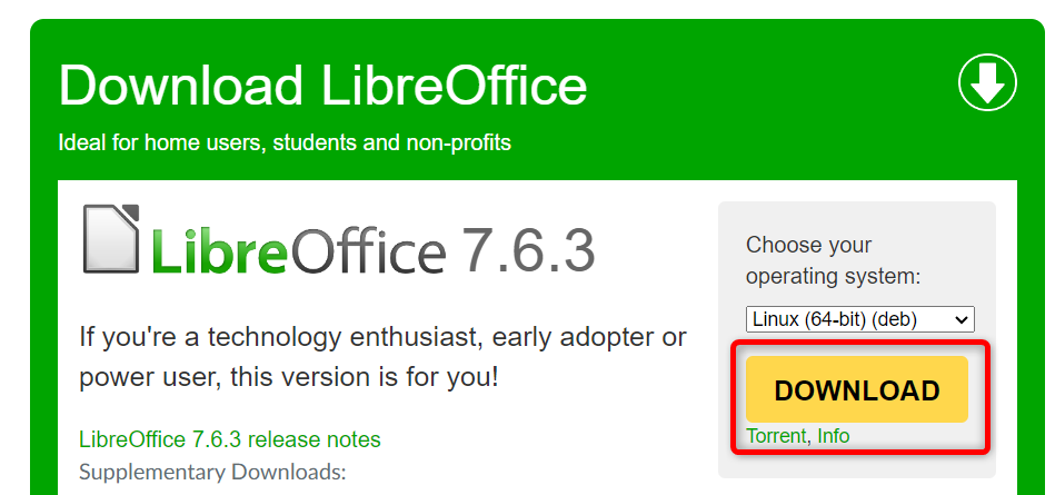 Страница загрузки LibreOffice с выбранным DEB-файлом