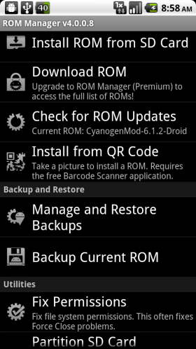Скриншот: пункт меню Backup Current ROM в ROM Manager