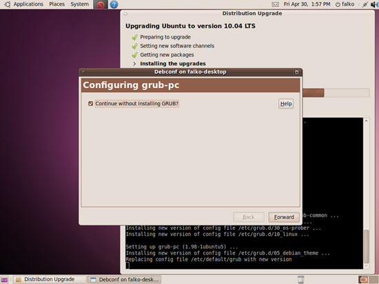 Диалог с предложением пропустить установку GRUB