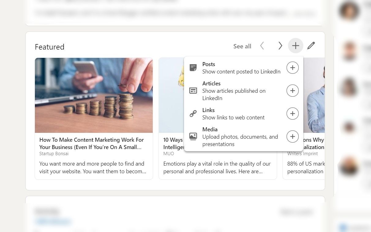 Раздел 'Избранное' в профиле LinkedIn