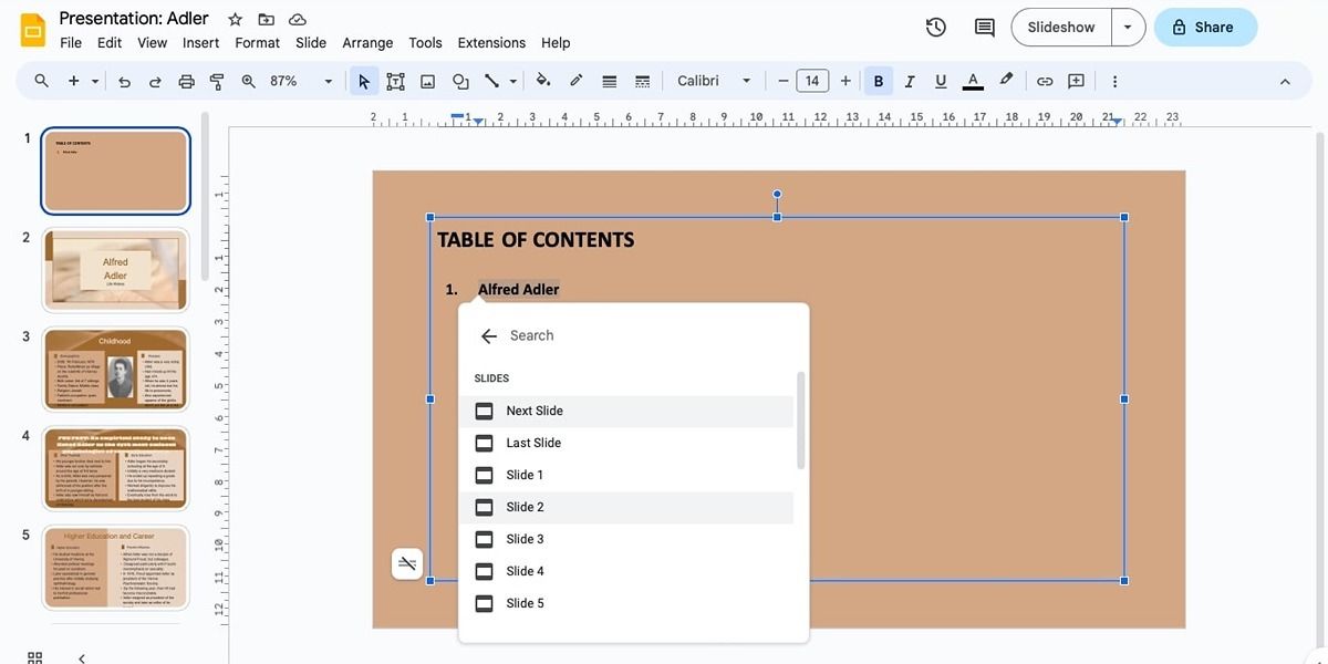 Выбор конкретного слайда для ссылки через поиск или список