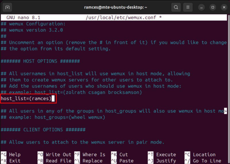 Подсветка переменной host_list в конфигурации Wemux.