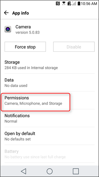 Скриншот списка разрешений с опцией местоположения для камеры
