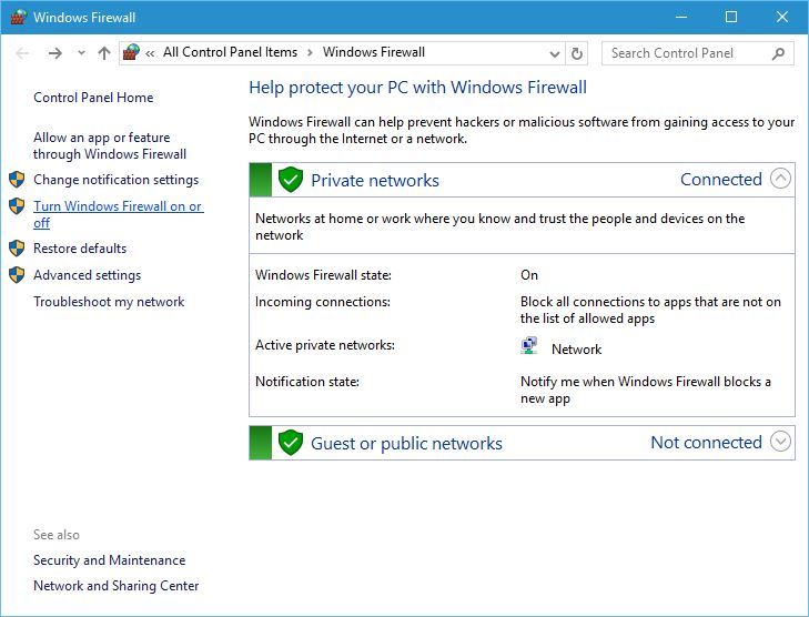 Параметры включения брандмауэра Windows