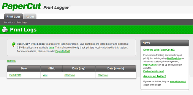 Пример админской панели PaperCut с экспортом CSV/Excel