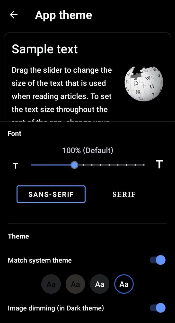 Темы в приложении Wikipedia