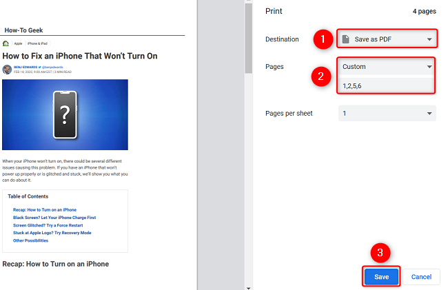 Панель печати Chrome с полем для указания страниц PDF, которые нужно сохранить.