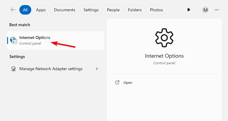 Поиск: Параметры Интернета в Windows 11