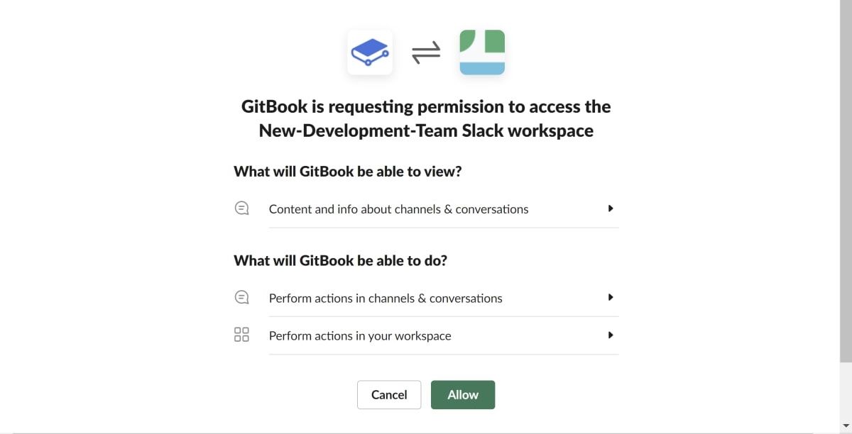 Подтверждение доступа GitBook к Slack
