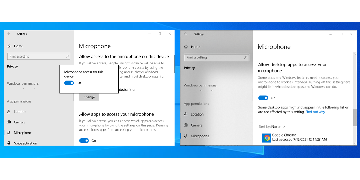 Окно конфиденциальности Windows с переключателями доступа к микрофону для приложений и настольных программ
