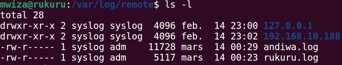 Содержимое каталога /var/log/remote с логами клиентов
