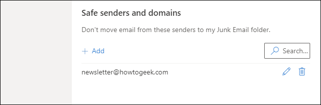 Список «Safe senders and domains» в Outlook.com