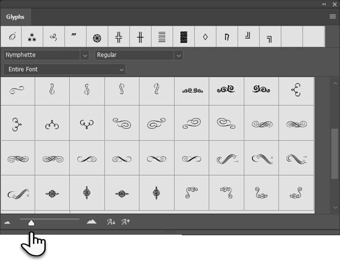 Панель Glyphs в Adobe Photoshop с сеткой символов