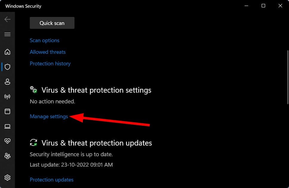 Переход к управлению настройками защиты в Windows Security