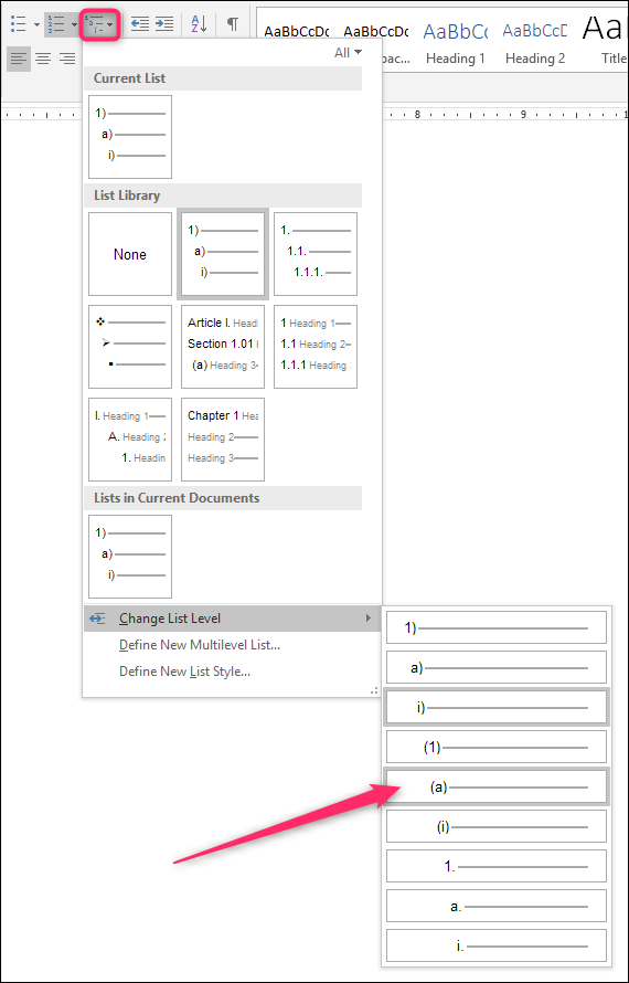 Выбор уровня списка через меню «Изменить уровень списка»