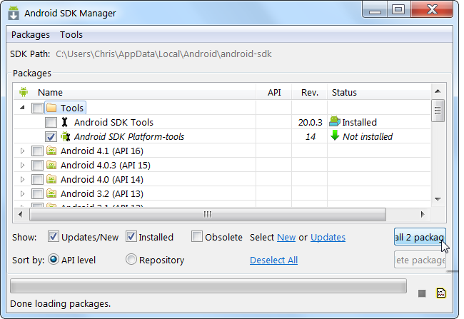Окно Android SDK Manager с выбранными Platform-tools