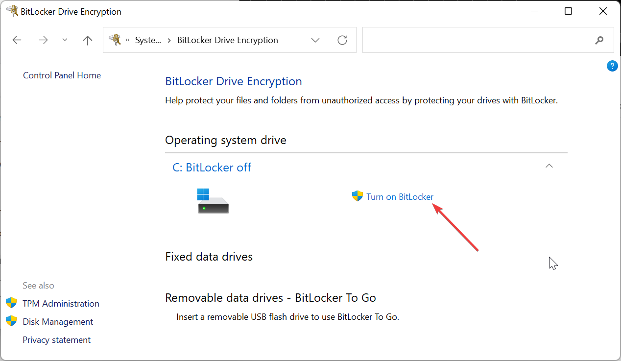 Выбор включения BitLocker и мастера настройки