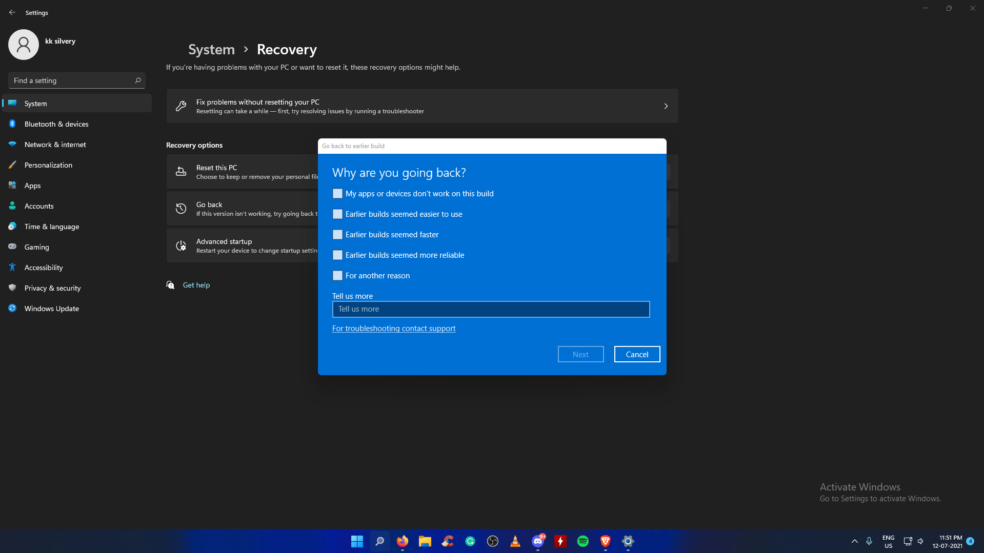Выберите причину, по которой вы возвращаетесь к Windows 10