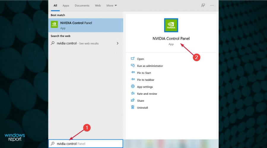 Поиск NVIDIA Control Panel через Пуск