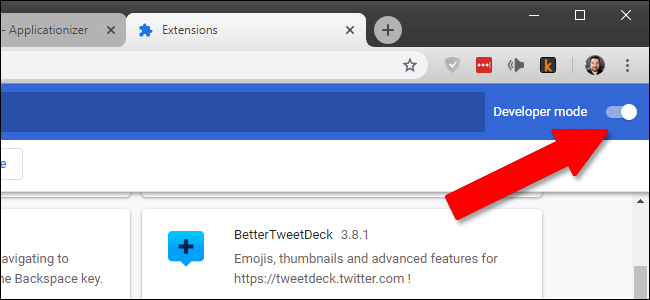 Включение режима разработчика в Chrome — переключатель Developer mode