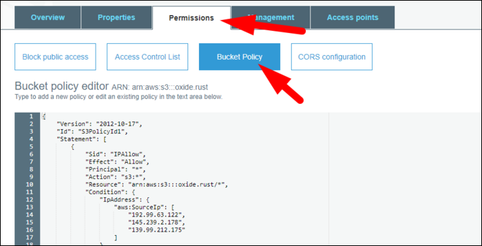 Откройте редактор политики бакета в Permissions > Bucket Policy