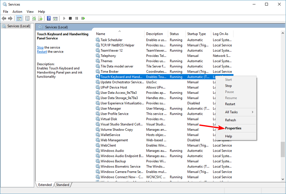Свойства службы сенсорной клавиатуры