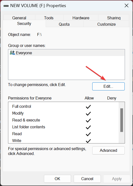 Диалог редактирования разрешений