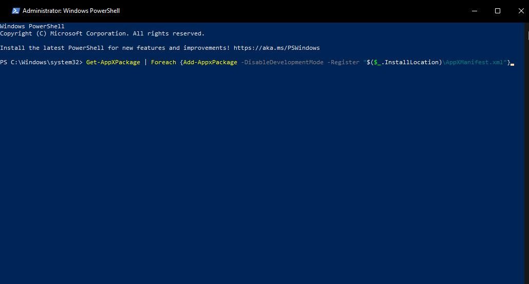 Команда PowerShell для восстановления приложений