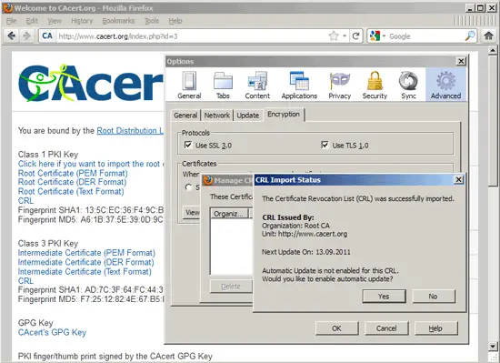 Подтверждение автоматического обновления CRL