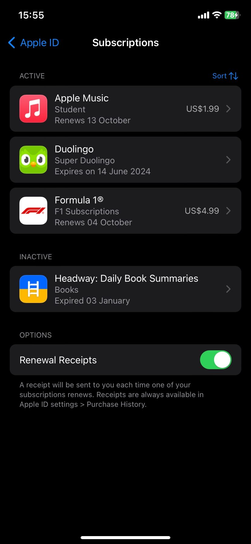 Страница подписок iOS