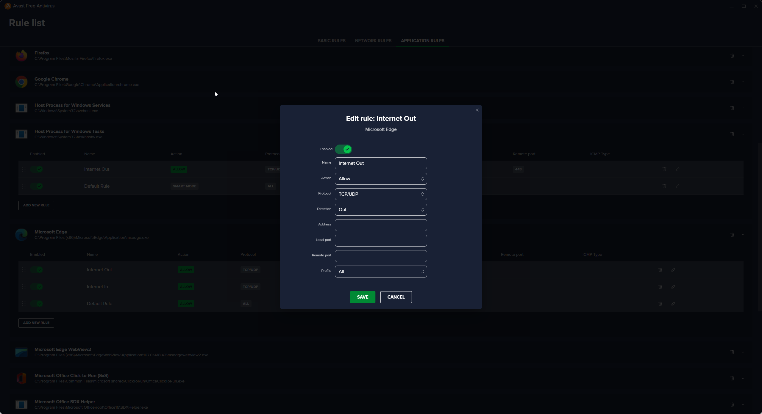 Редактирование правила в Avast