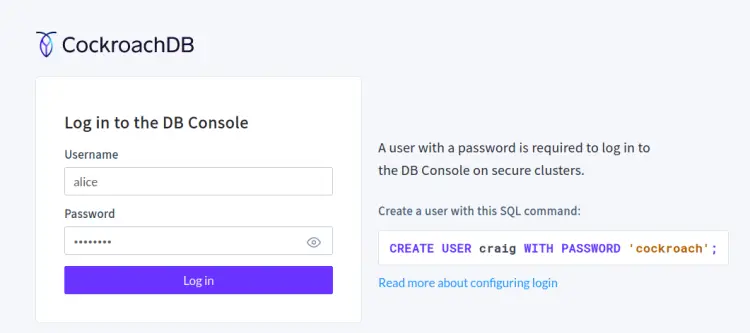 Окно входа в веб-панель CockroachDB