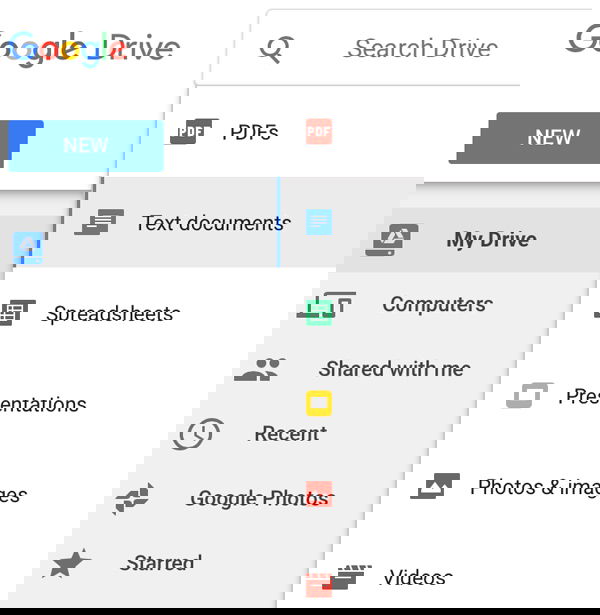Поле поиска Google Drive с подсказкой по расширениям файлов