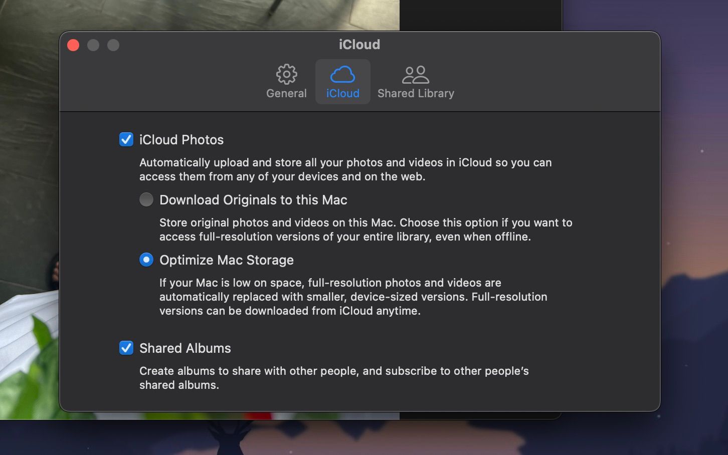 Настройка iCloud Photos с включённой опцией «Оптимизировать хранилище Mac»