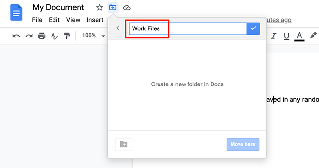 Введите имя новой папки в меню перемещения на сайте Google Docs.