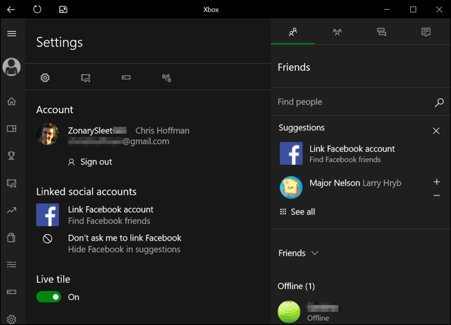 Настройки приложения Xbox — кнопка выхода из учётной записи