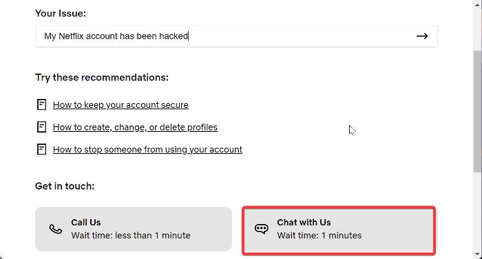 Кнопка «Чат с нами» на странице поддержки Netflix