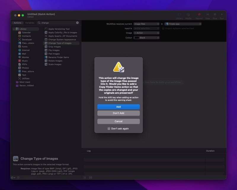 Добавление действия изменения типа изображения в Automator