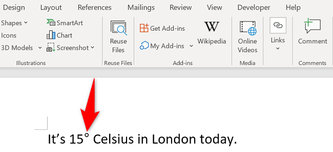Символ градуса, вставленный в документ Word