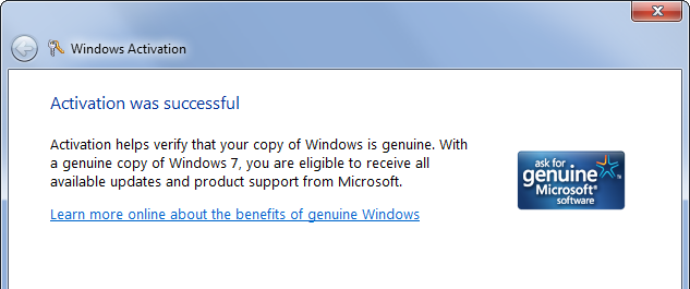 Успешная активация Windows 7