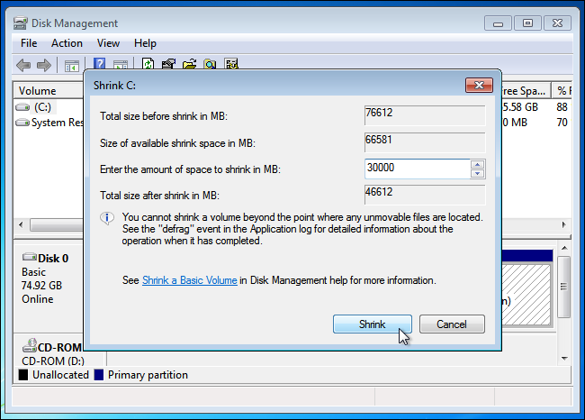 Пример освобождённого места после уменьшения раздела