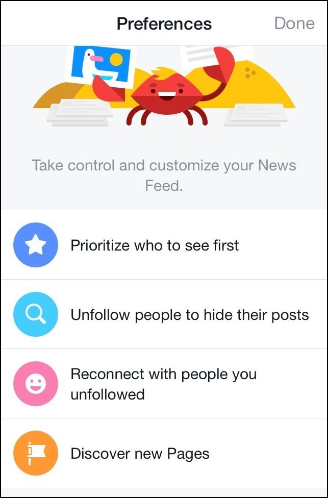 Главное меню параметров ленты Facebook на iOS