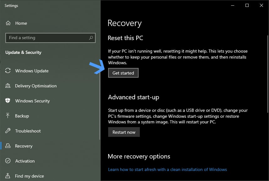 Запуск мастера Reset This PC в Windows