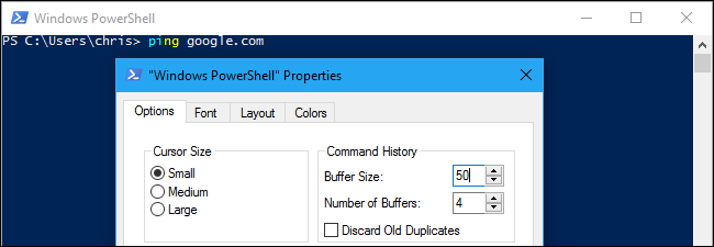 Окно свойств PowerShell с пунктом Buffer Size в разделе Command History