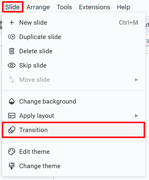 Переход в меню слайда