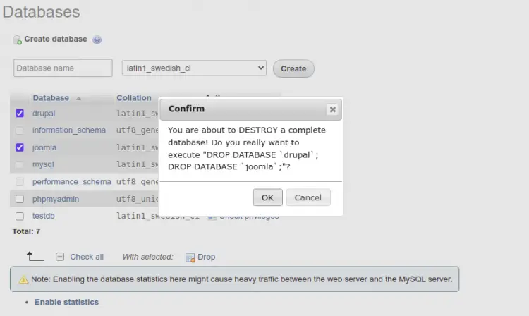 Подтверждение удаления базы данных
